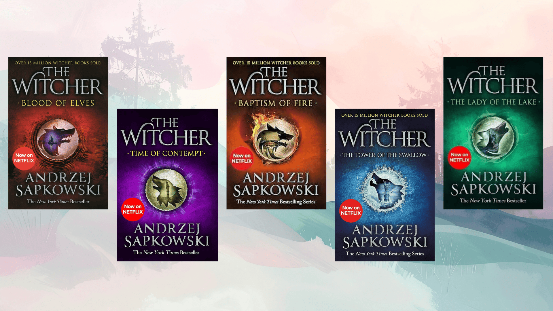 fantasy book series lineup with creative cover art, depicting enchanted lands, heroic figures, and immersive storytelling themes