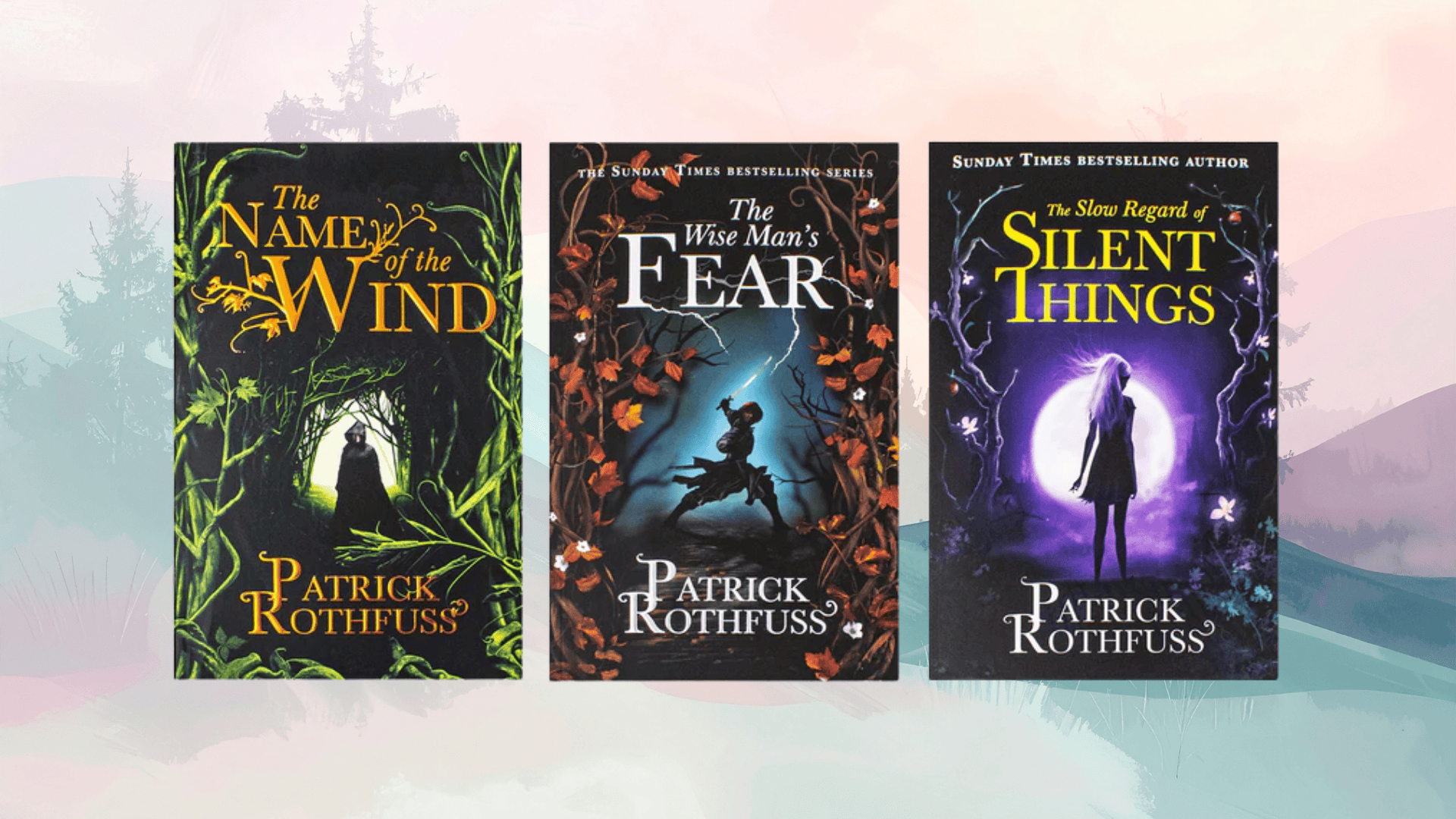 fantasy novels by patrick rothfuss the name of the wind and the wise man’s fear with dark artistic cover designs