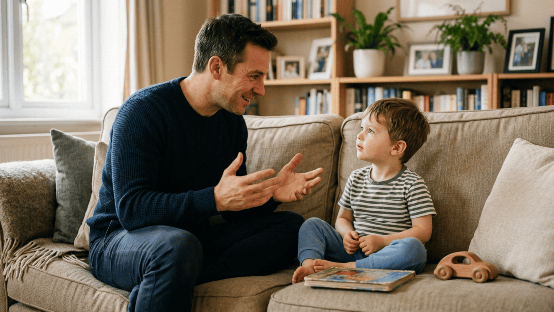 father gently guiding child to replace negative thoughts with helpful ones during a supportive conversation at home