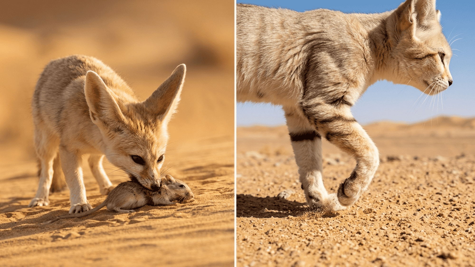 fennec fox hunting and carrying prey and desert cat walking on sand