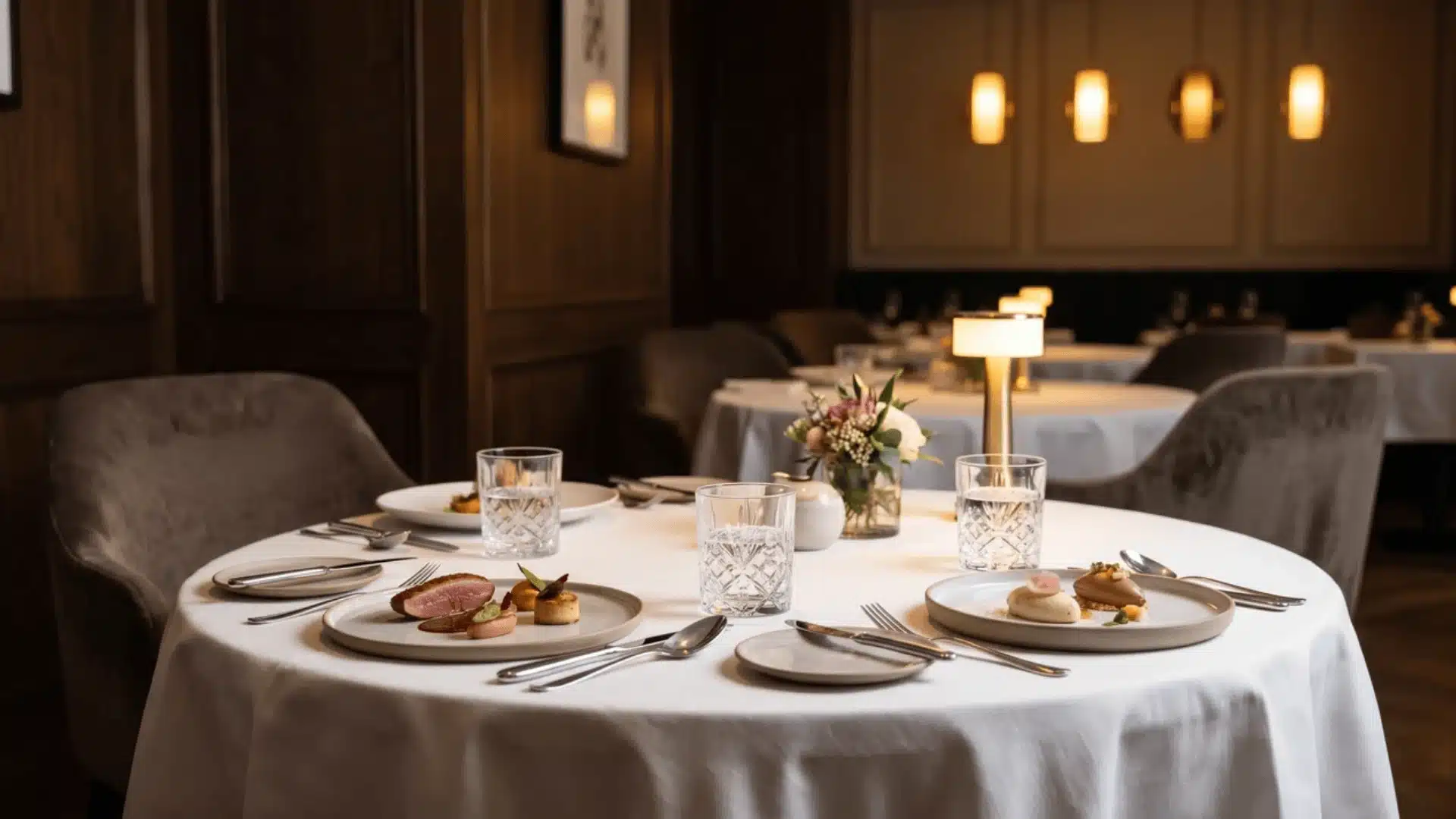 Fine dining table with plated dishes and formal table setting indoors