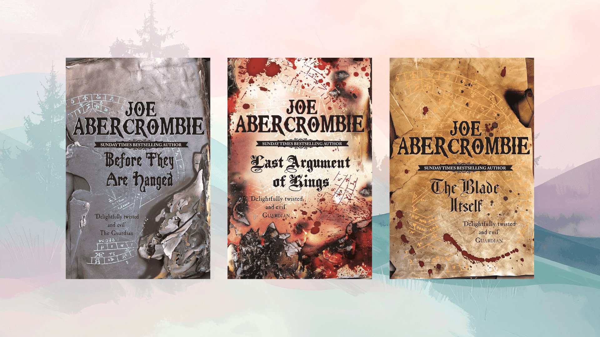 first law trilogy by joe abercrombie with gritty, weathered designs, maps, and blood-stained textures