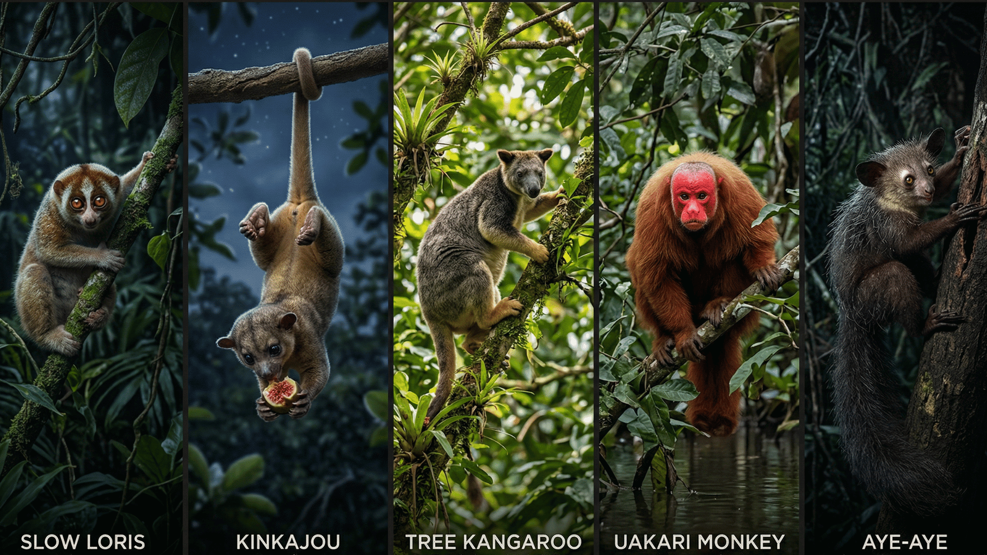 five panel collage of rainforest canopy animals featuring slow loris, kinkajou, tree kangaroo, uakari monkey, and aye-aye in lush green trees