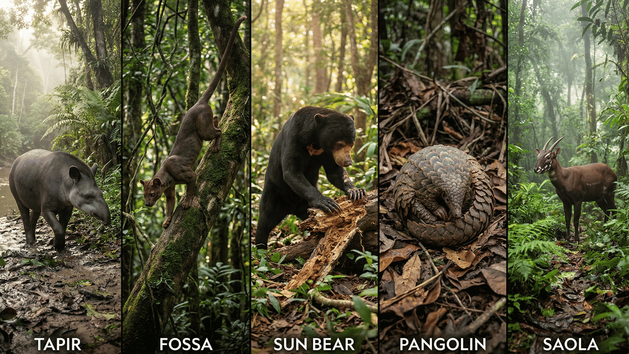 five panel collage of rainforest floor animals including tapir, fossa, sun bear, pangolin, and saola in a dense tropical jungle habitat