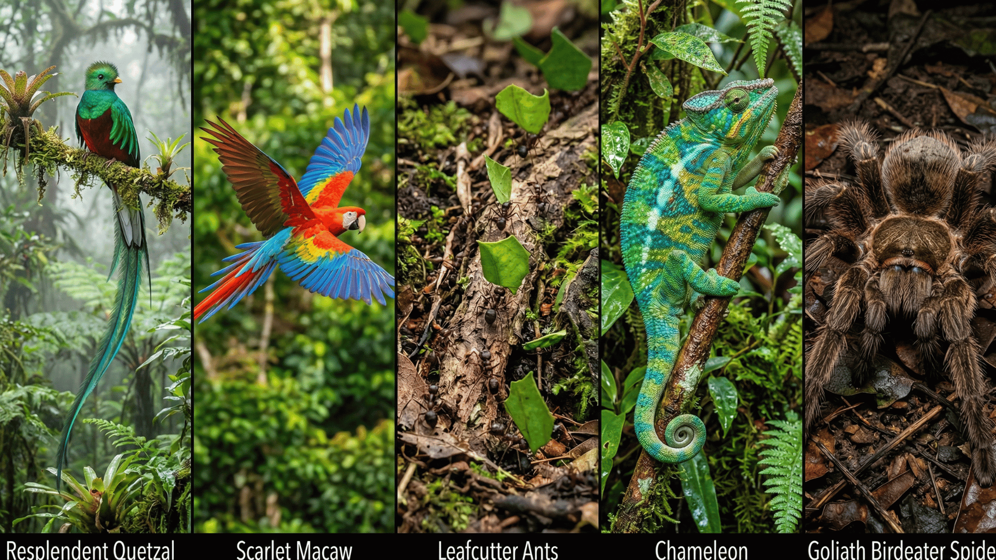 five panel collage of rainforest wildlife showing quetzal, scarlet macaw, leafcutter ants, chameleon, and Goliath birdeater spider