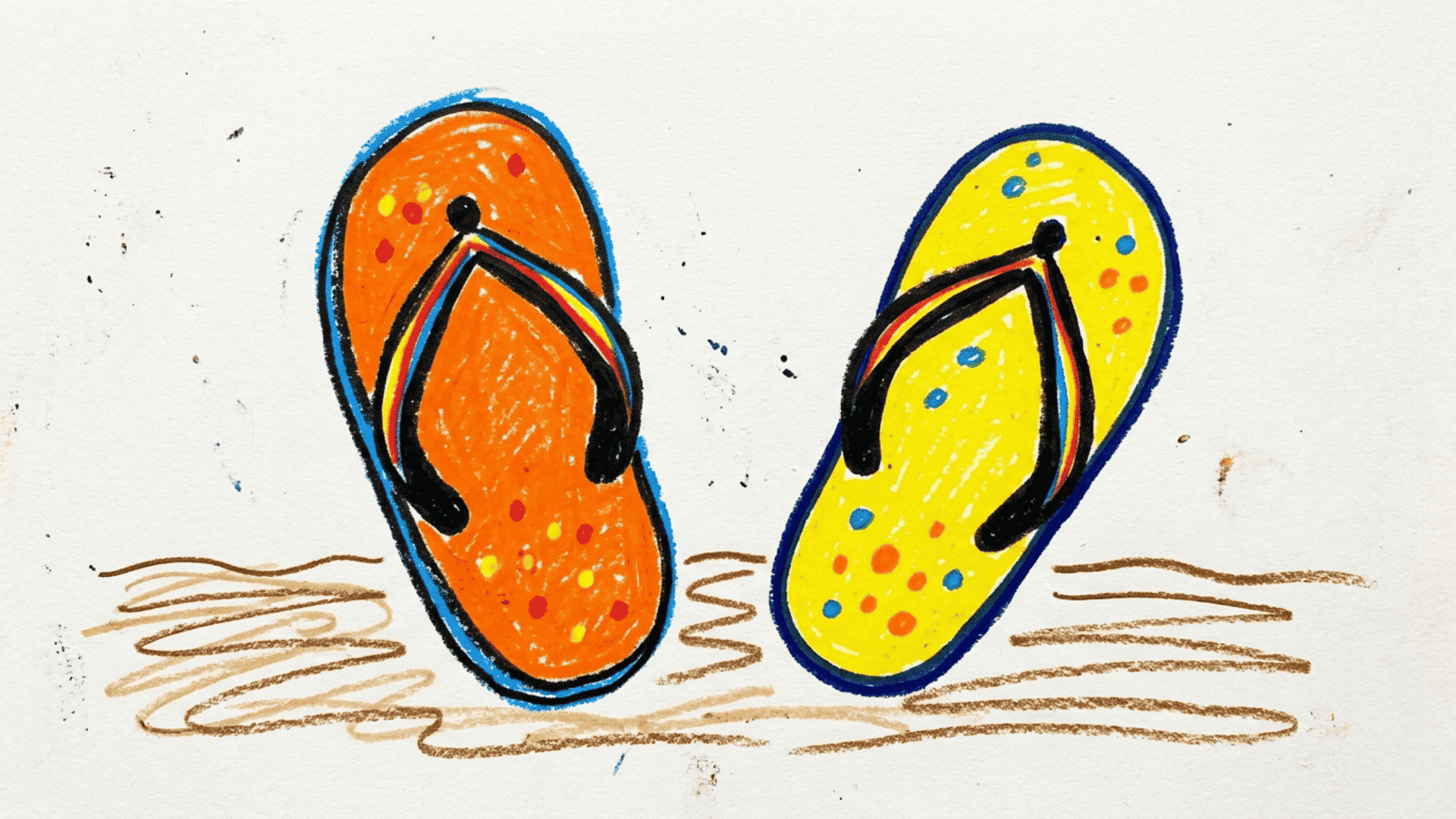 flip flops on sand kids drawing with bright flat oval soles bold y-shaped straps and simple sand lines painted on a white canvas for beginners