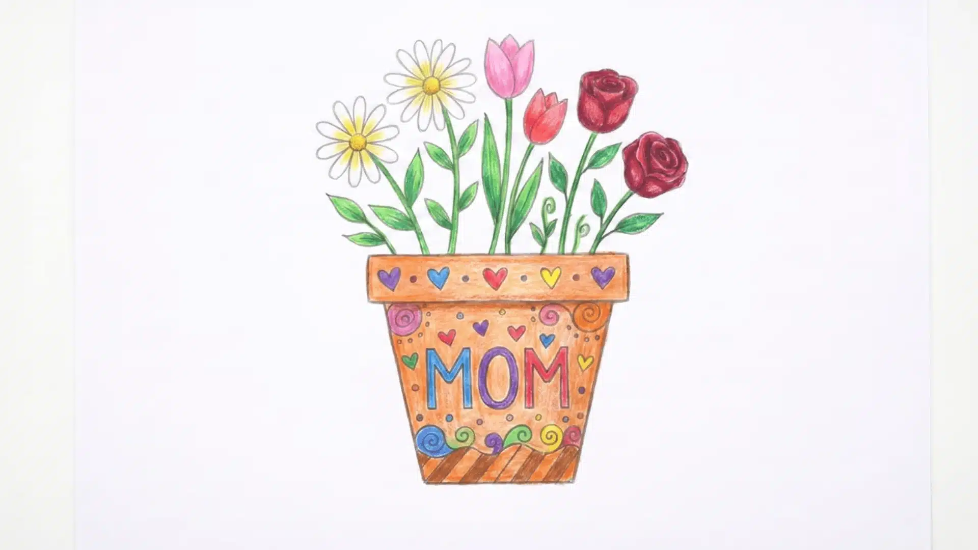 Flower pot with stems and flowers above and MOM written on the pot