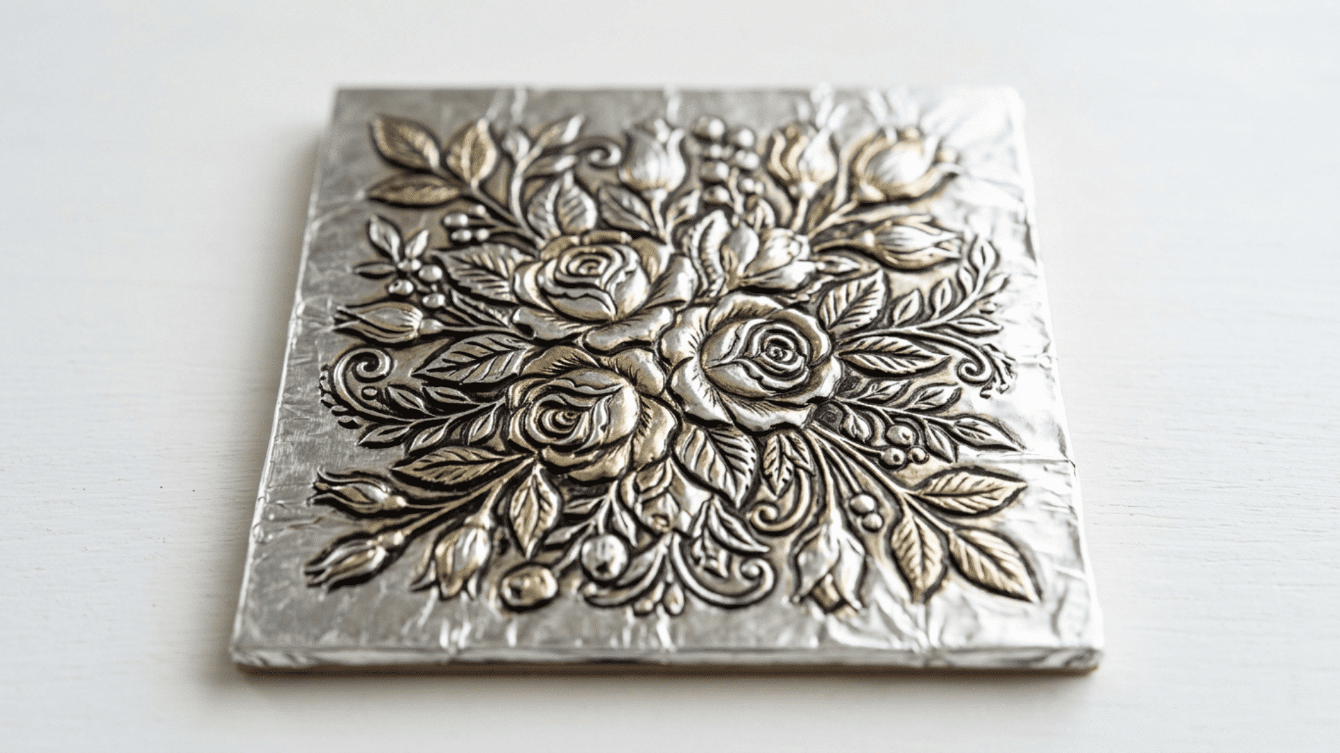 foil embossing art piece with raised floral design in silver and gold tones highlighted with dark permanent marker