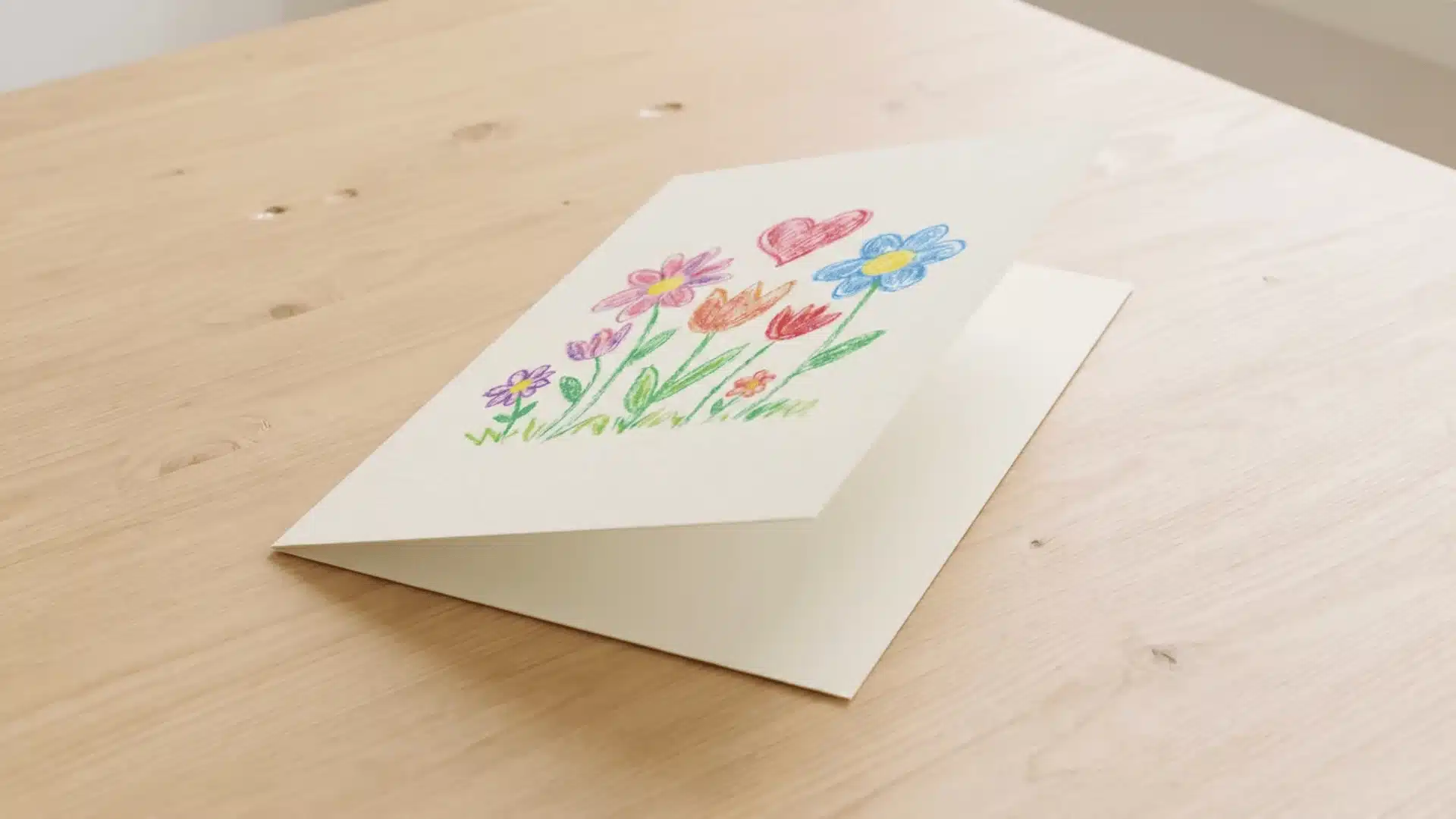 Folded cardstock card with centered drawing and blank inside message area