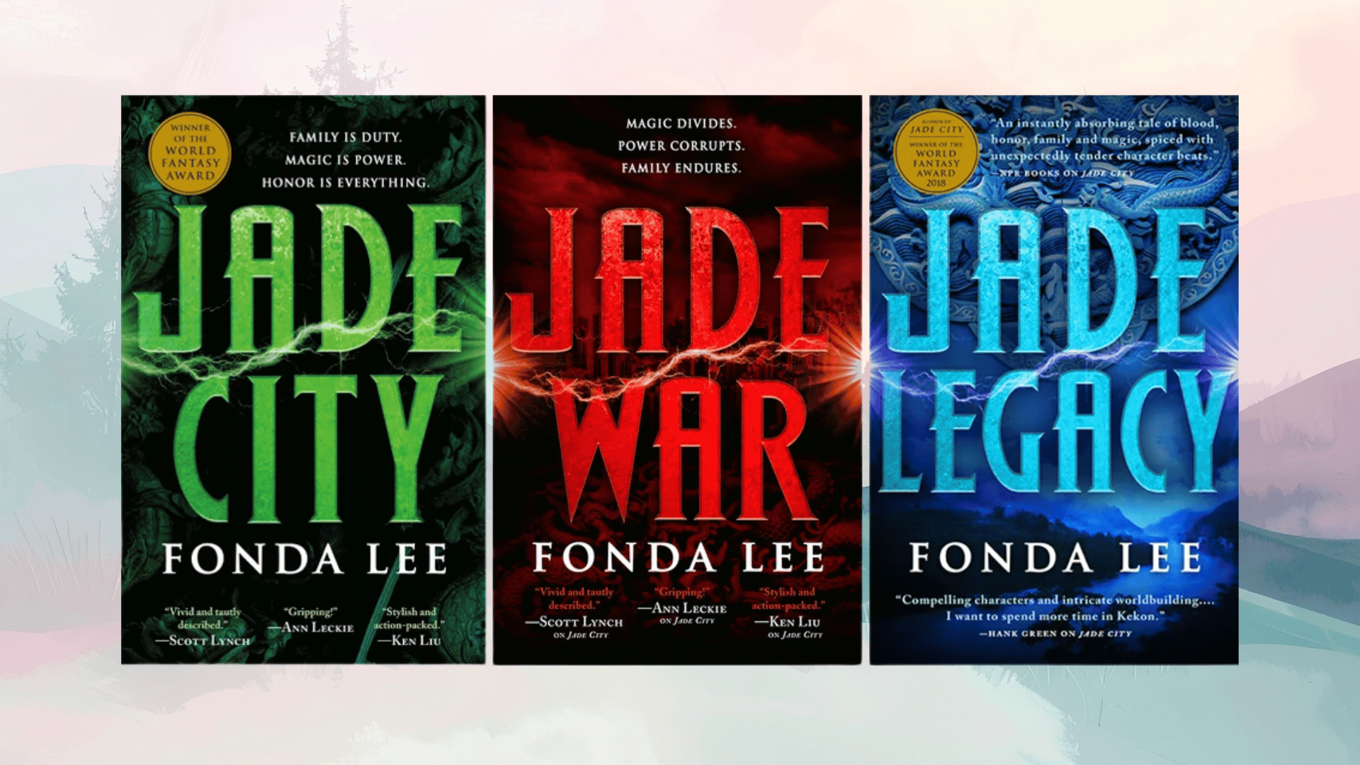 fonda lee jade city trilogy covers jade city, jade war, and jade legacy with bold text and lightning effects