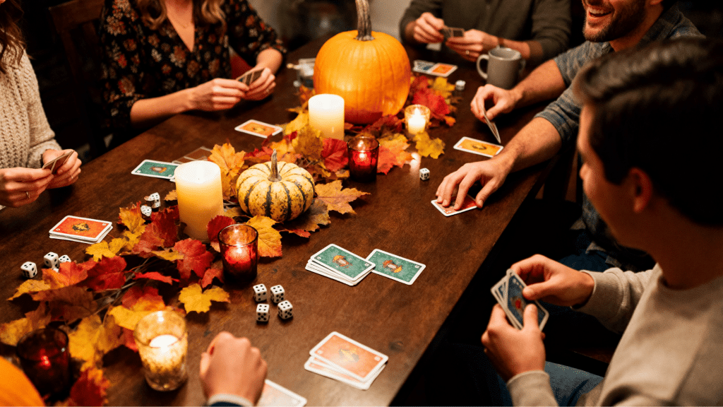 friends playing card and dice games around a thanksgiving table with pumpkins, candles, and autumn leaves, warm cozy vibe
