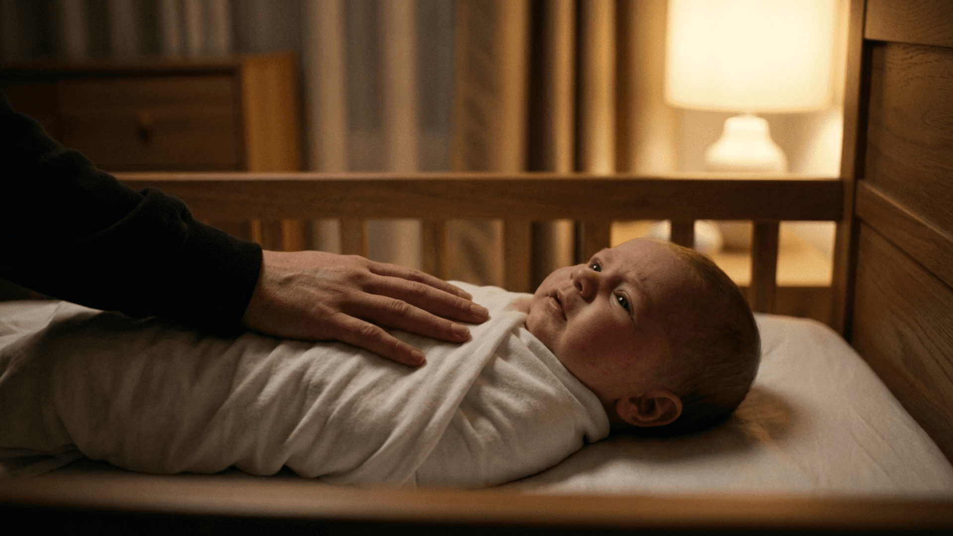 full baby in crib with parent hands gently touching chest for reassurance in same warm dim bedroom setting