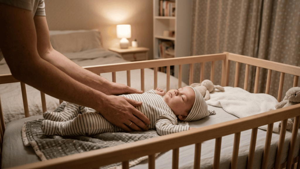 full baby in crib with parent hands placing baby down in soft warm lit bedroom showing calm sleep setup at night