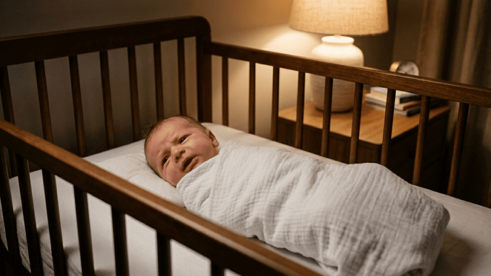 full baby lying in crib slightly fussing alone in same dim bedroom setting with warm lighting and calm environment