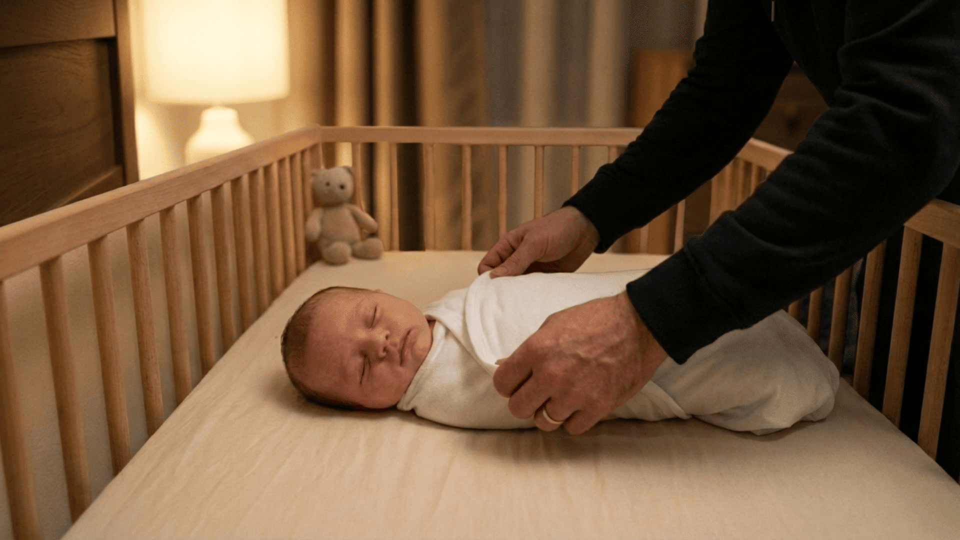 full baby sleeping peacefully in crib with parent hands adjusting blanket in same warm dim bedroom setting