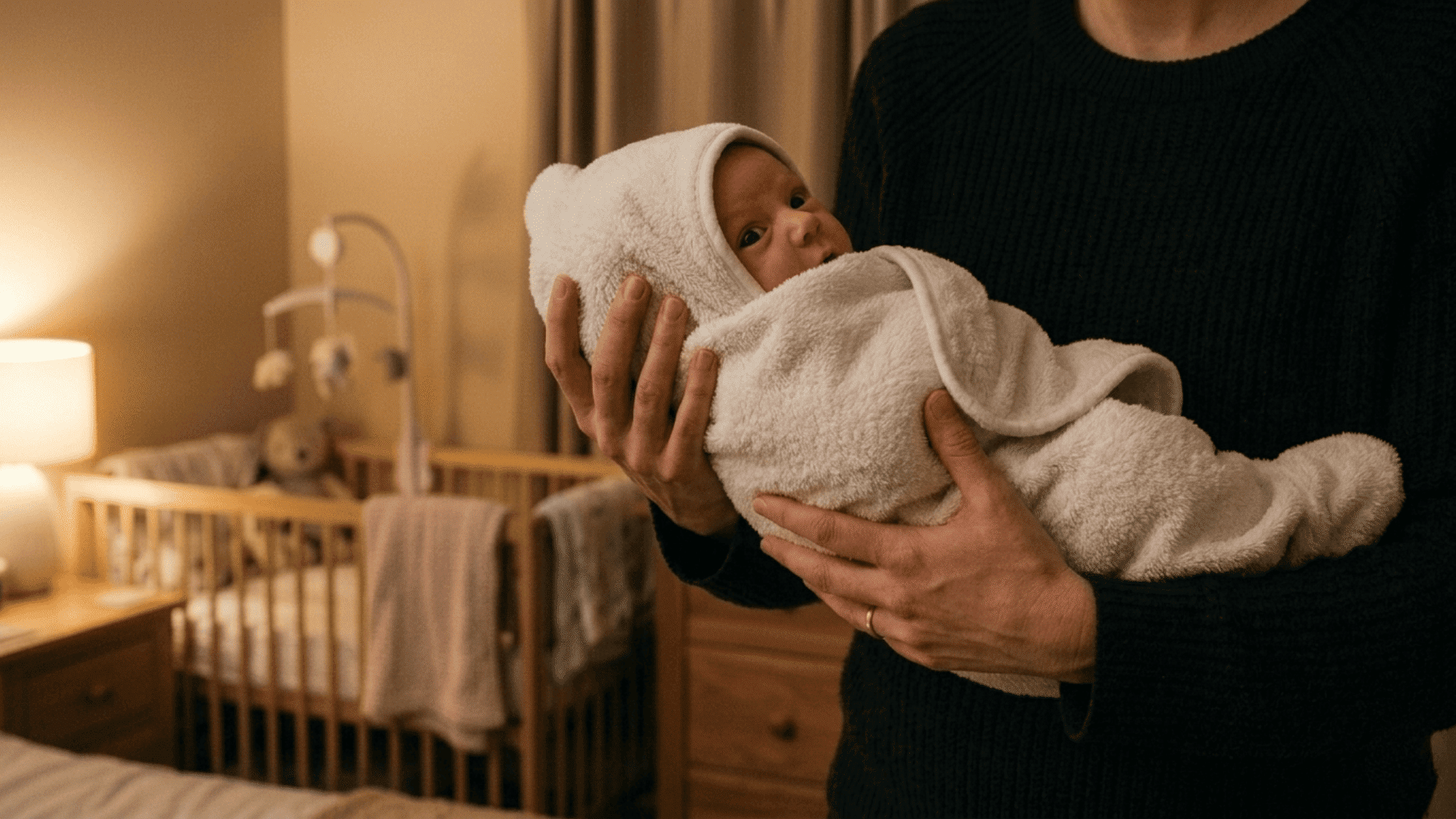 full baby wrapped in towel after bath with parent hands holding baby in dim room during calm bedtime routine