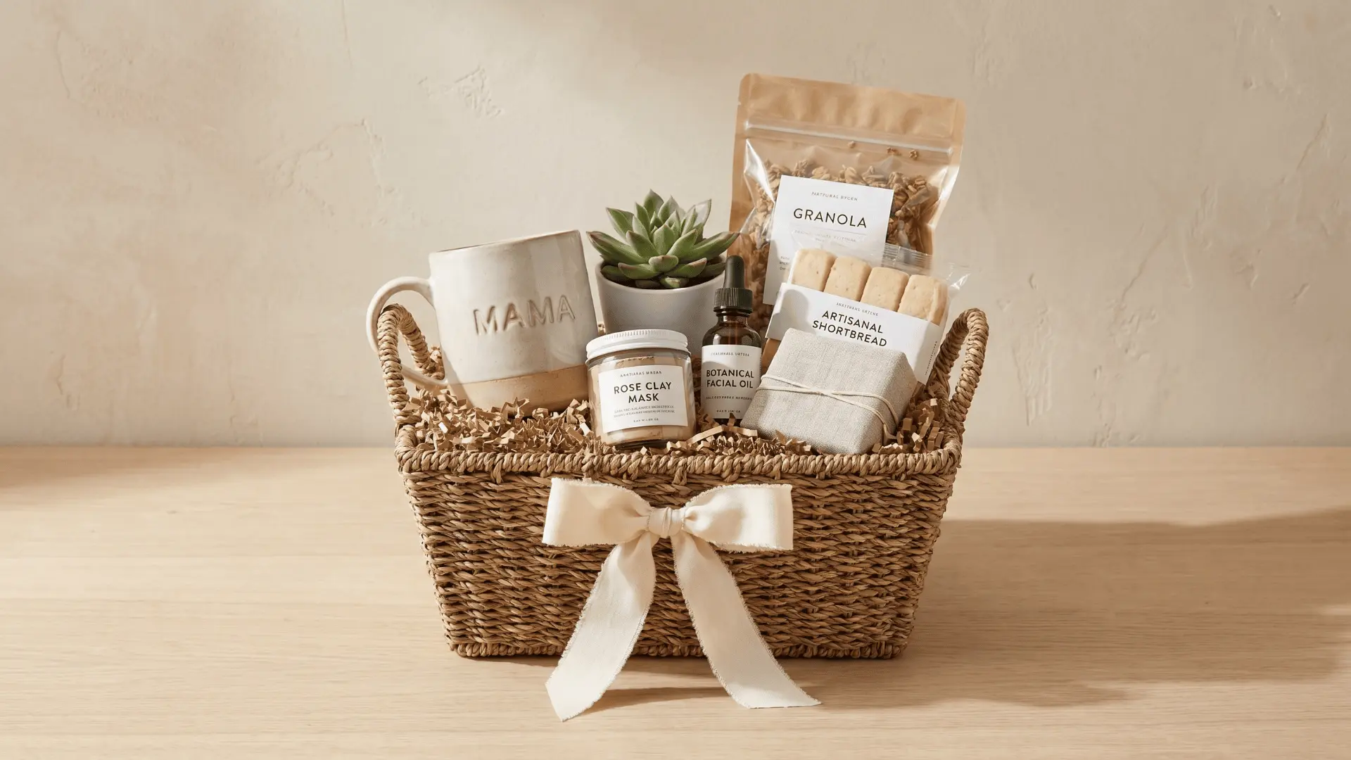 Gift baskets with flowers, candles, skincare, treats, and a heartfelt note, arranged beautifully for a thoughtful, cozy gift.