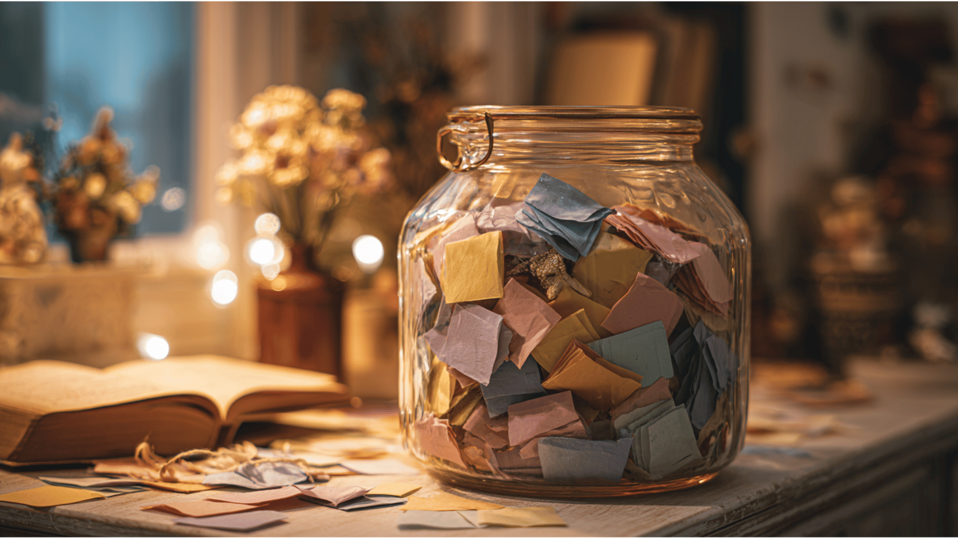 glass jar filled with colorful notes on a cozy desk beside an open book and warm lights in a calm setting