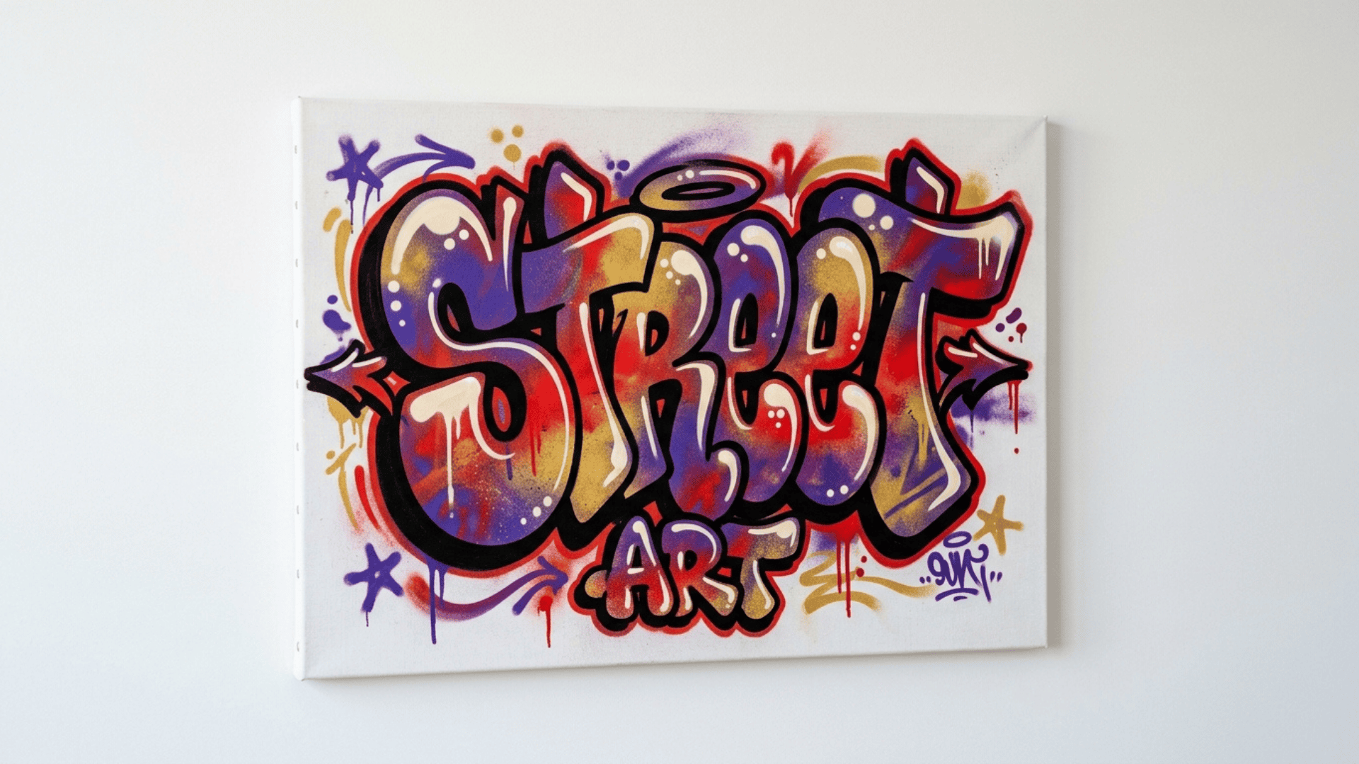 graffiti style bubble lettering on a front facing canvas with layered vibrant red purple and gold colors and sharp outlines