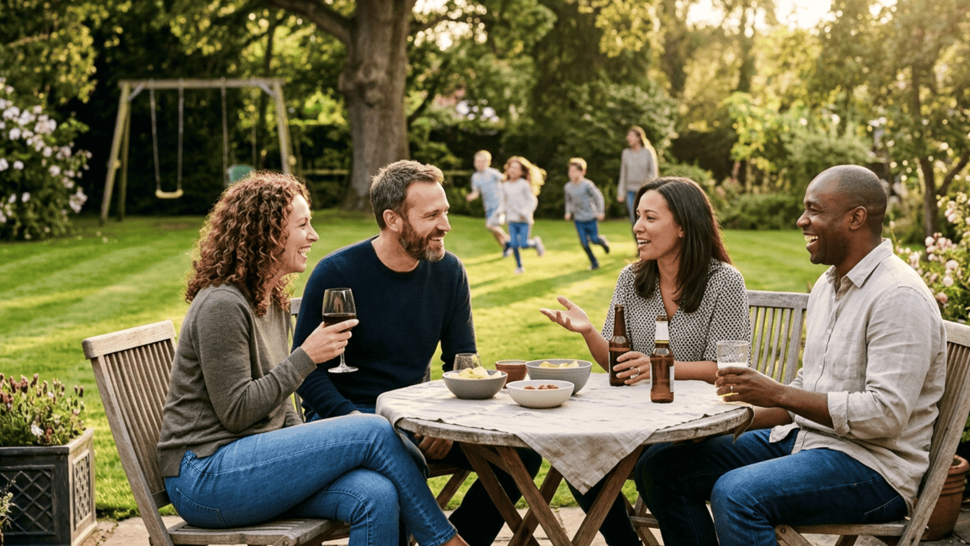 group of adults chatting and laughing at outdoor table while kids play in backyard