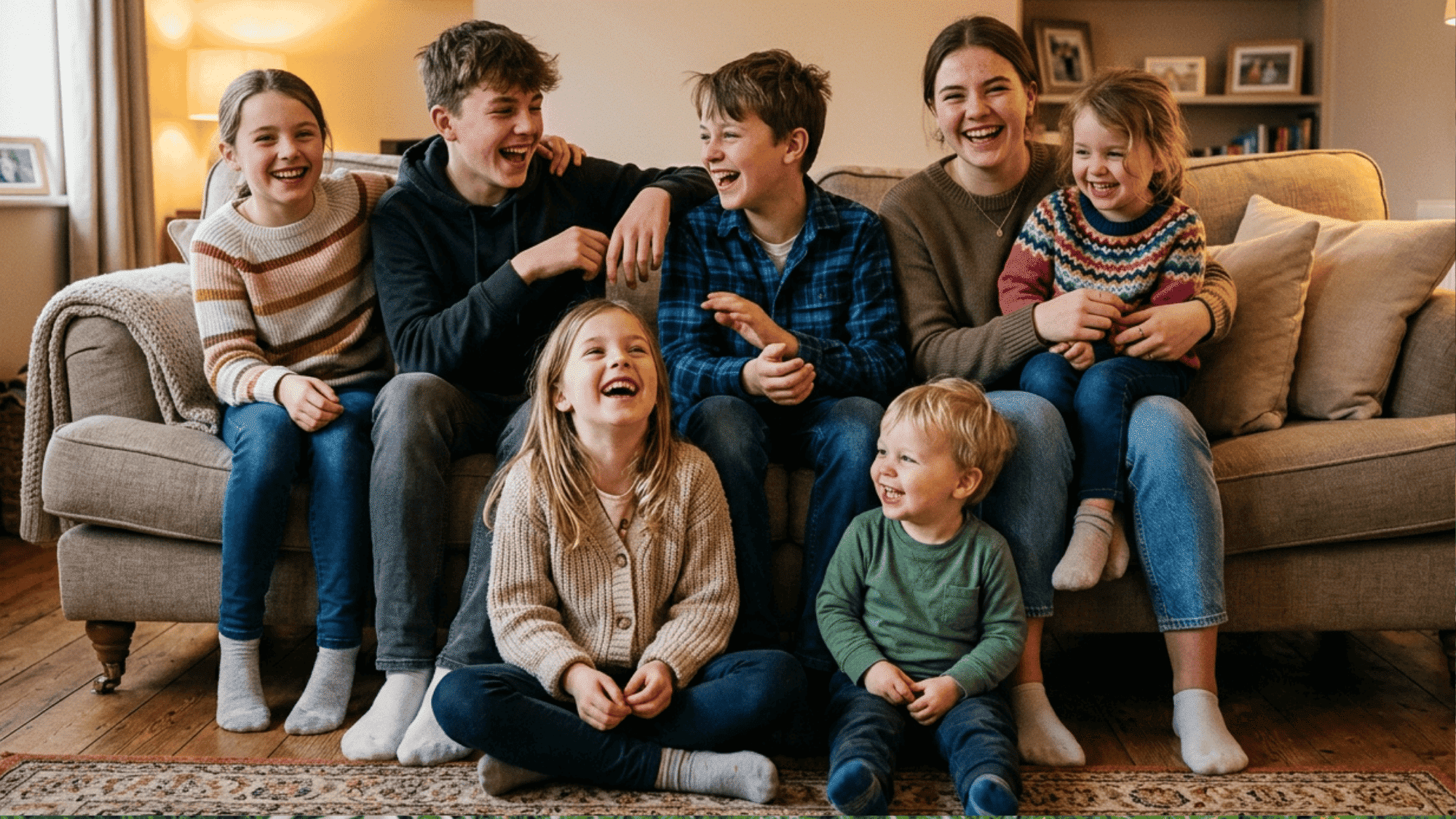 group of children sitting on blanket outdoors laughing together in sunny backyard