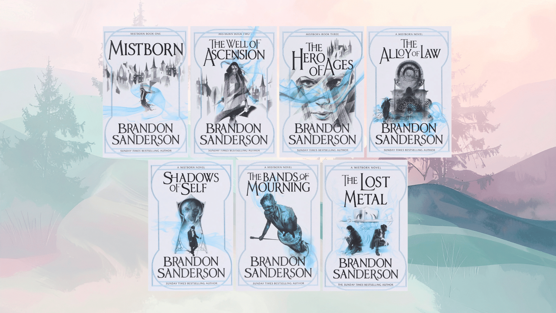 group of fantasy book covers arranged neatly, featuring artistic designs with magic, mystery, and legendary storytelling themes
