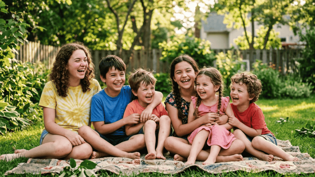 group of siblings and cousins laughing together on couch in cozy living room