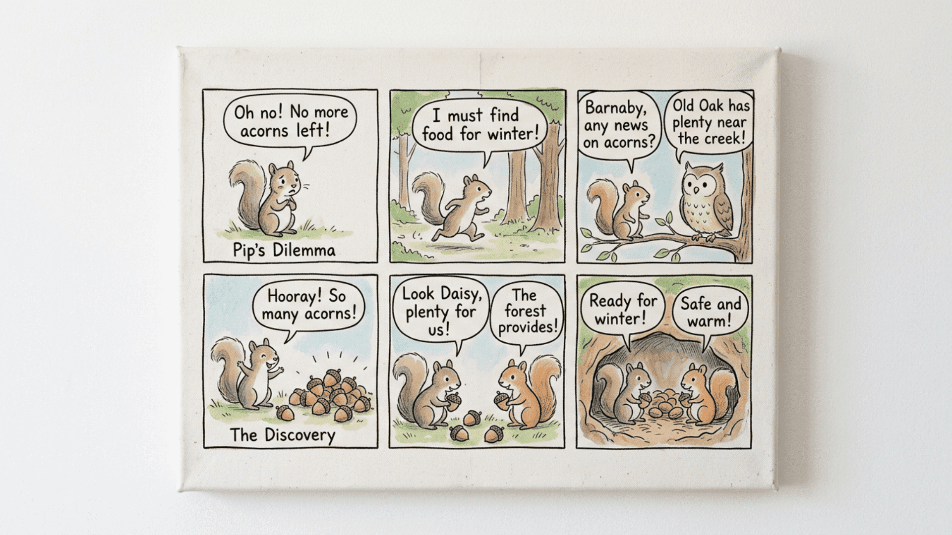 hand drawn comic strip storyboard on a front facing canvas with six panels showing character sketches and speech bubbles