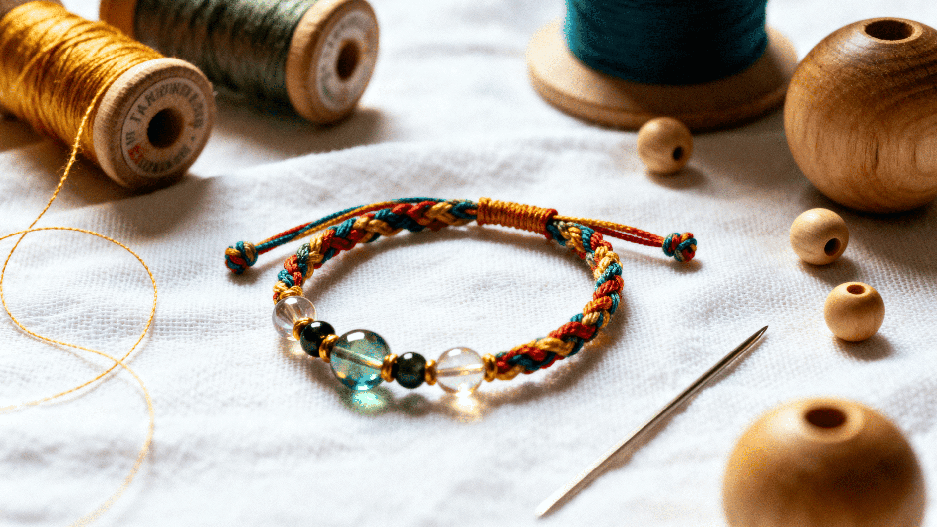 handmade braided bracelet with beads placed on fabric, surrounded by thread spools and crafting tools
