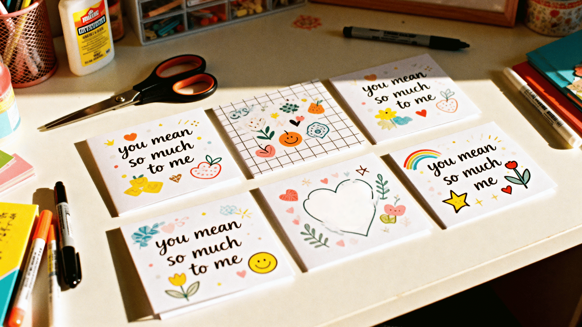 handmade cards on desk with drawings and “you mean so much to me” messages, surrounded by scissors and craft supplies