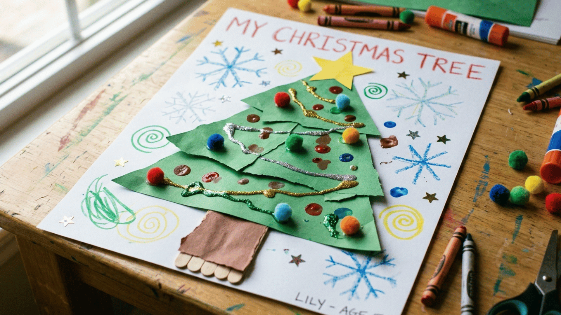 handmade Christmas tree art with paper, colors, and decorations.