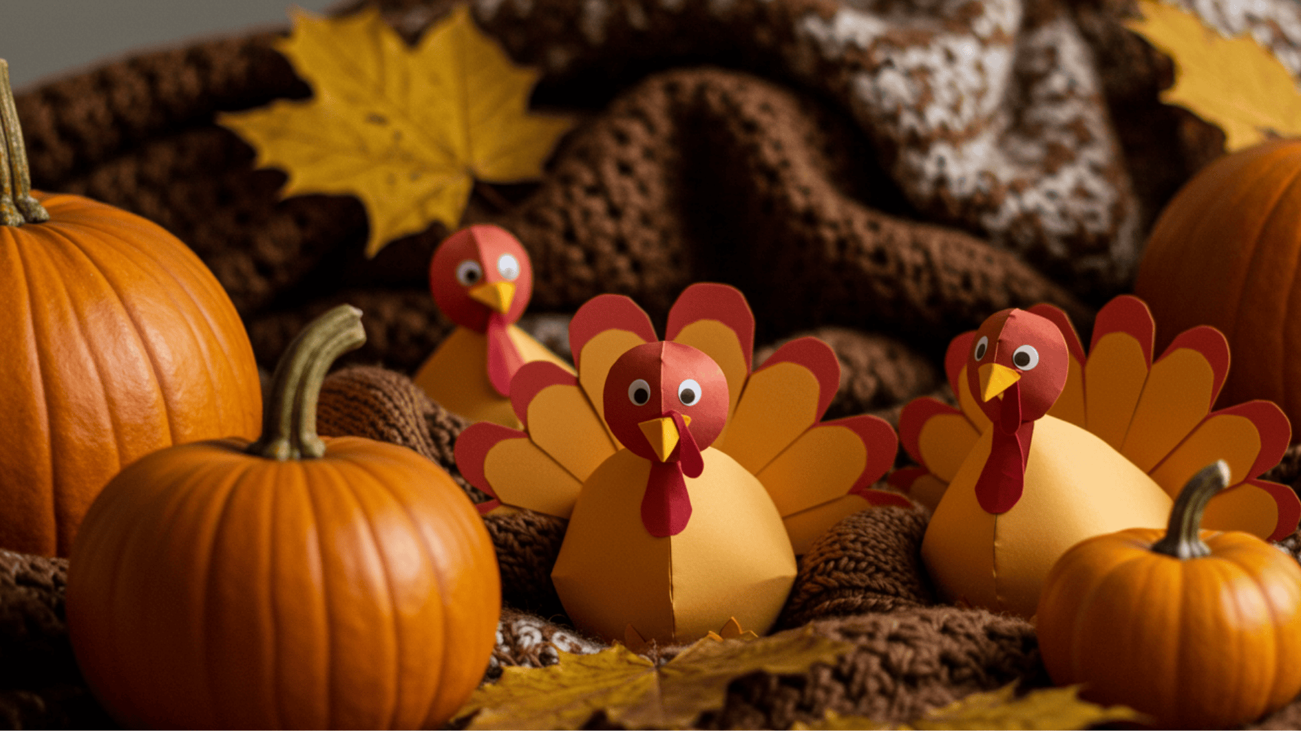handmade paper turkeys with pumpkins and fall leaves, perfect for a kids’ thanksgiving craft or decoration display