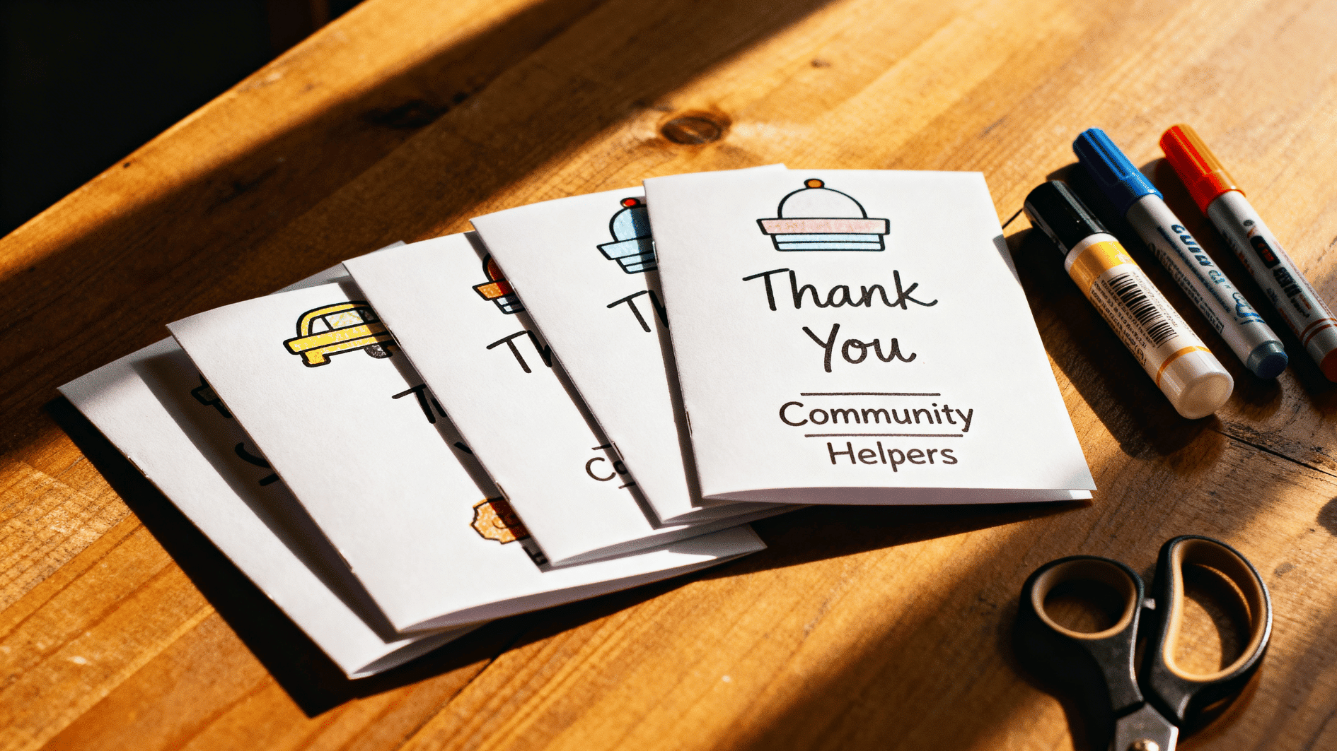 handmade thank you cards labeled “community helpers” with markers and scissors on wooden table