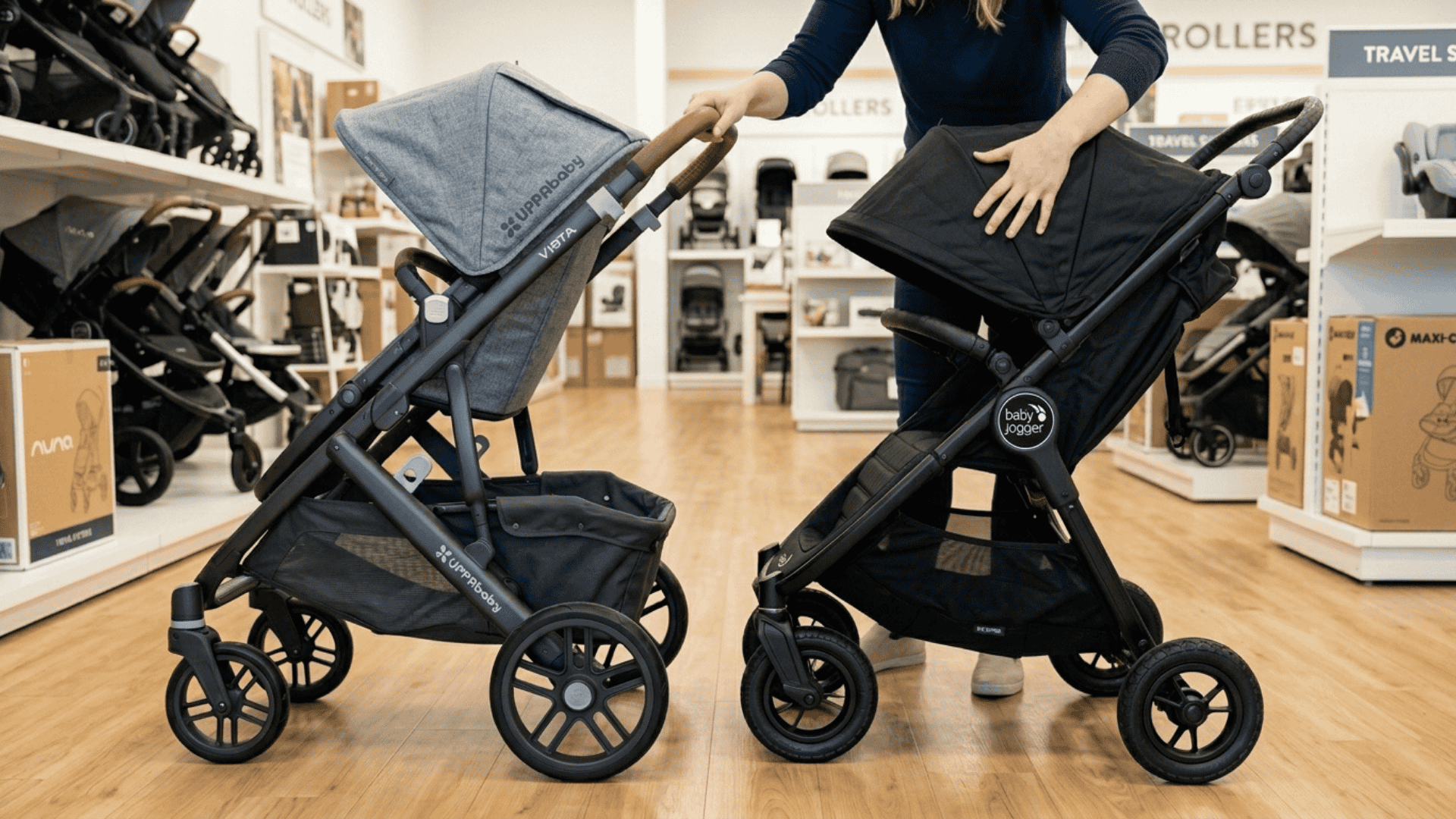 hands comparing two baby strollers side by side showing design and build differences in clean store like setup with balanced lighting