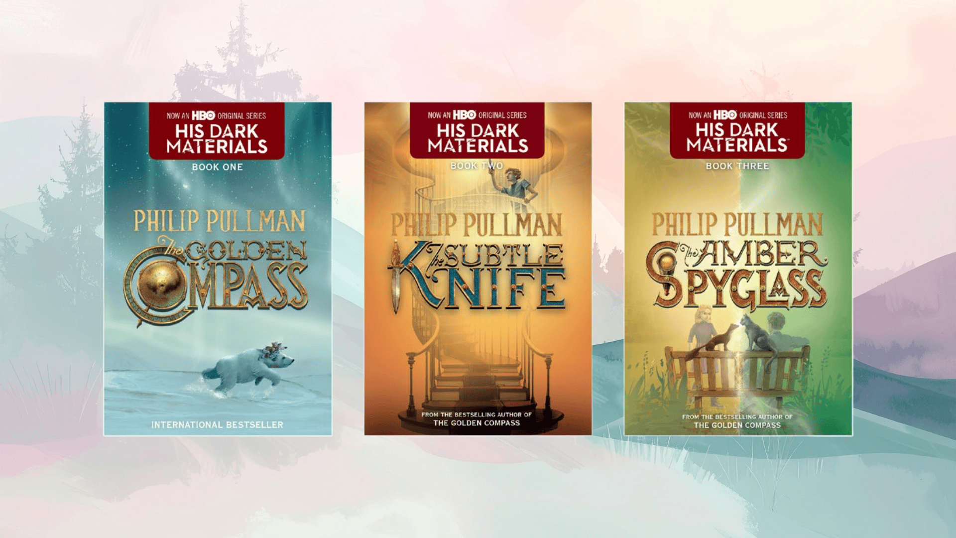 his dark materials book covers by philip pullman featuring the subtle knife, northern lights, and the amber spyglass