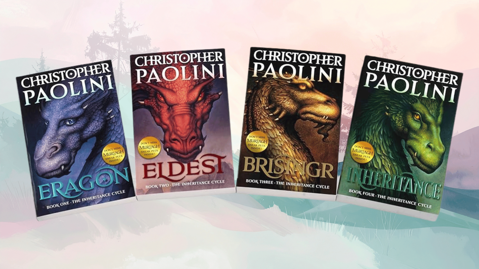 inheritance cycle books by christopher paolini showing dragon covers for eragon, eldest, brisingr, and inheritance