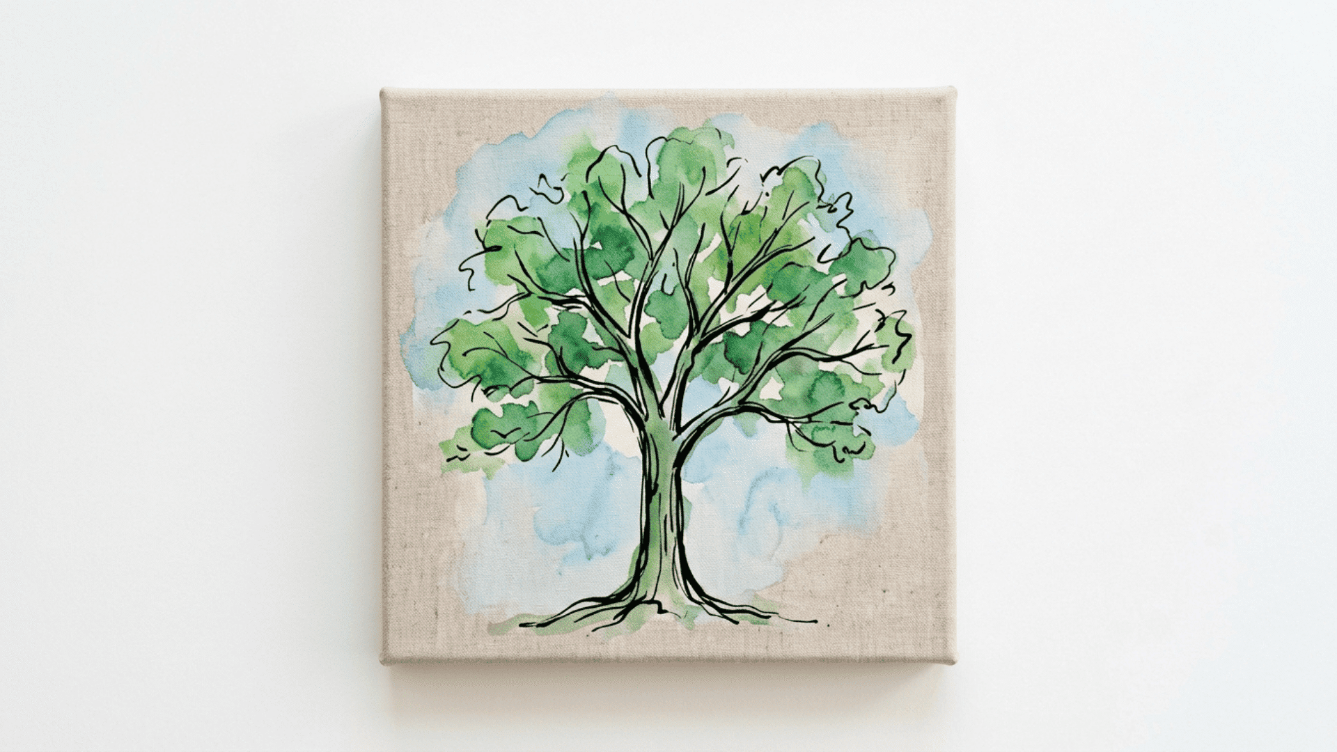 ink and wash illustration on a front facing canvas of a tree with bold black ink outlines and loose green and blue washes
