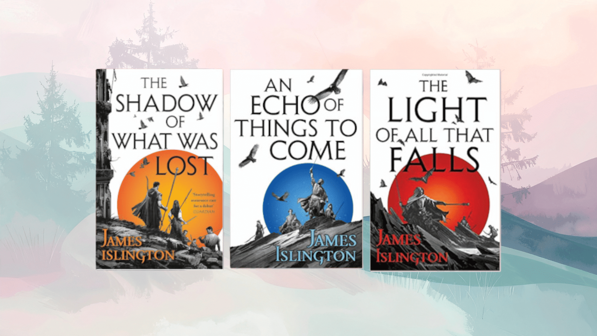 james islington licanius trilogy covers with monochrome figures and colored circles symbolizing each book