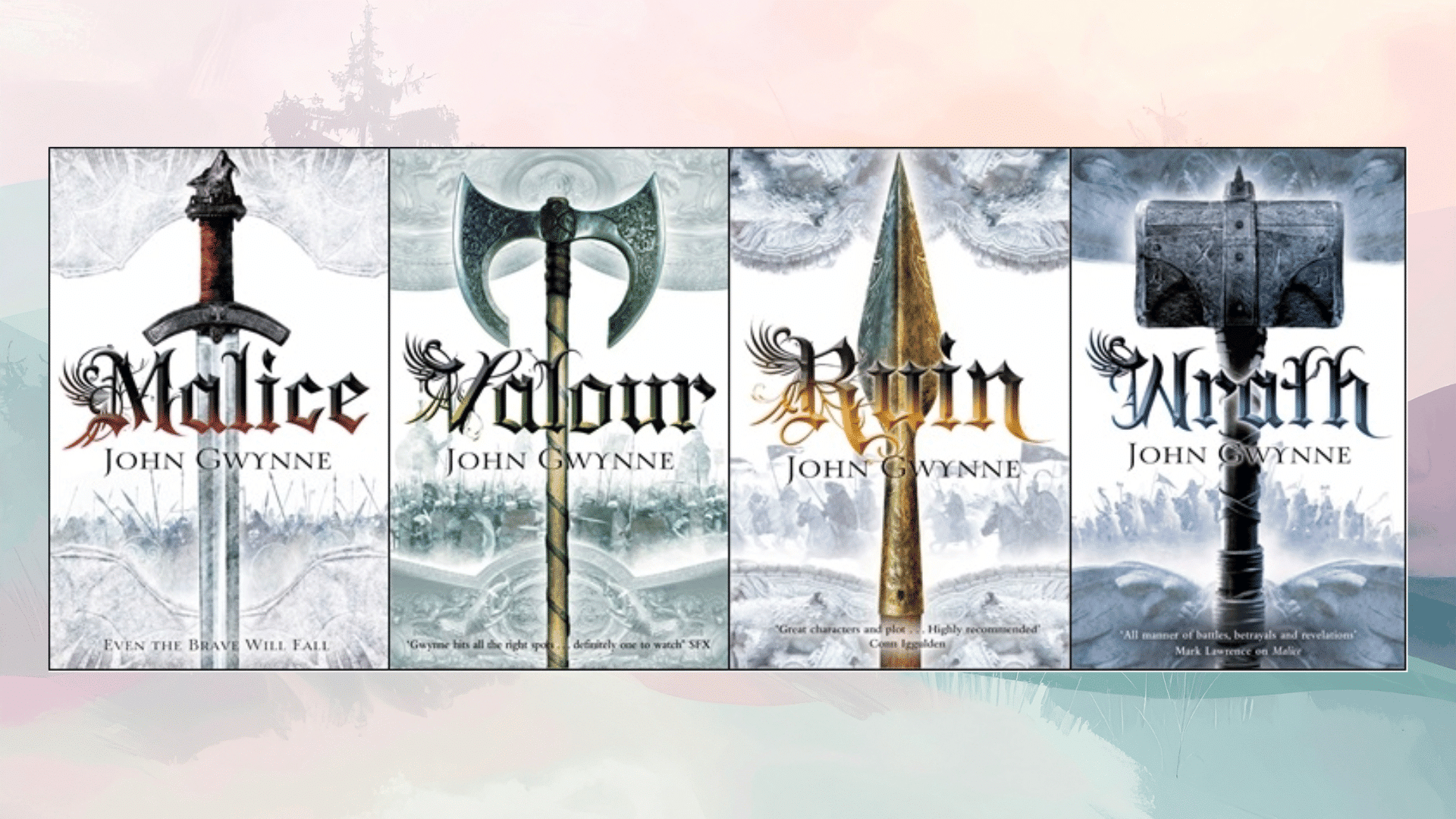 john gwynne the faithful and the fallen series covers with weapons centered on each book in pale fantasy style