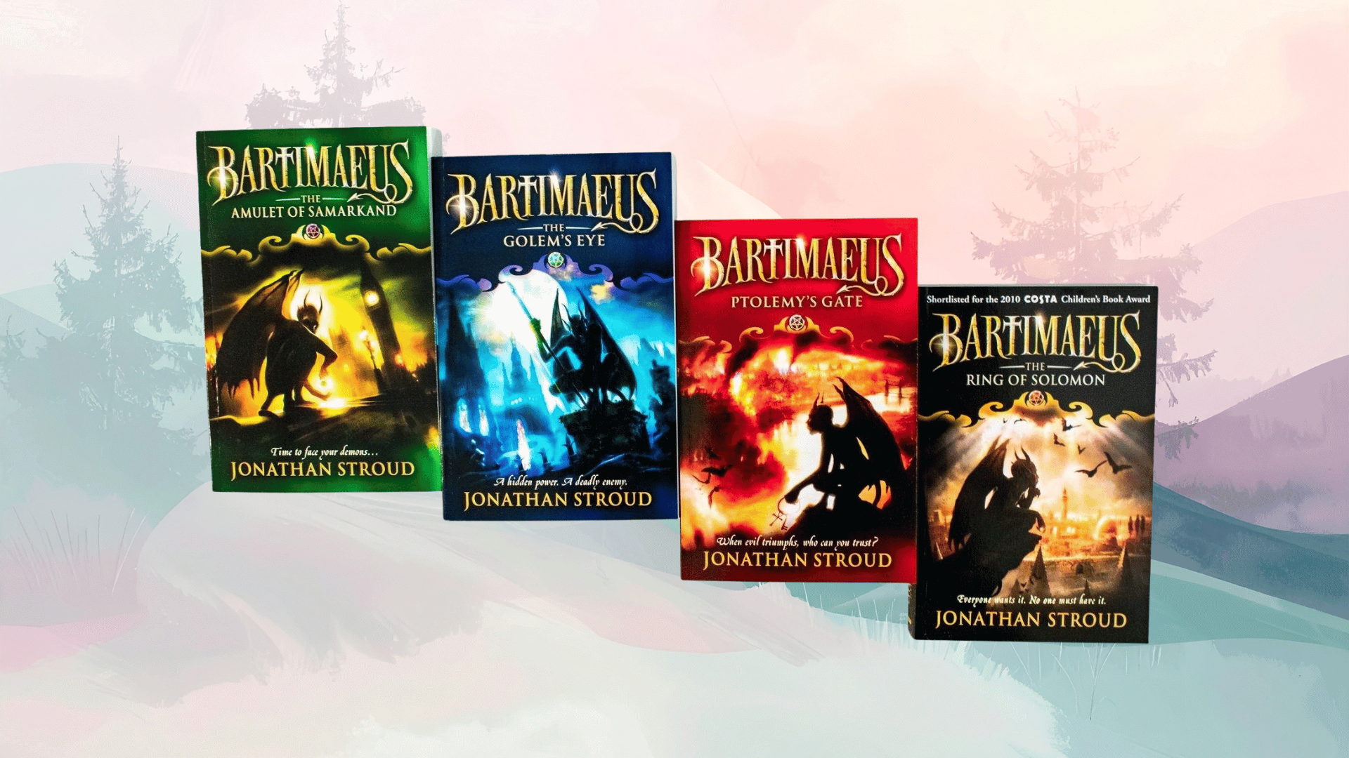 jonathan stroud bartimaeus series covers with glowing magical scenes and silhouette figures in dramatic lighting