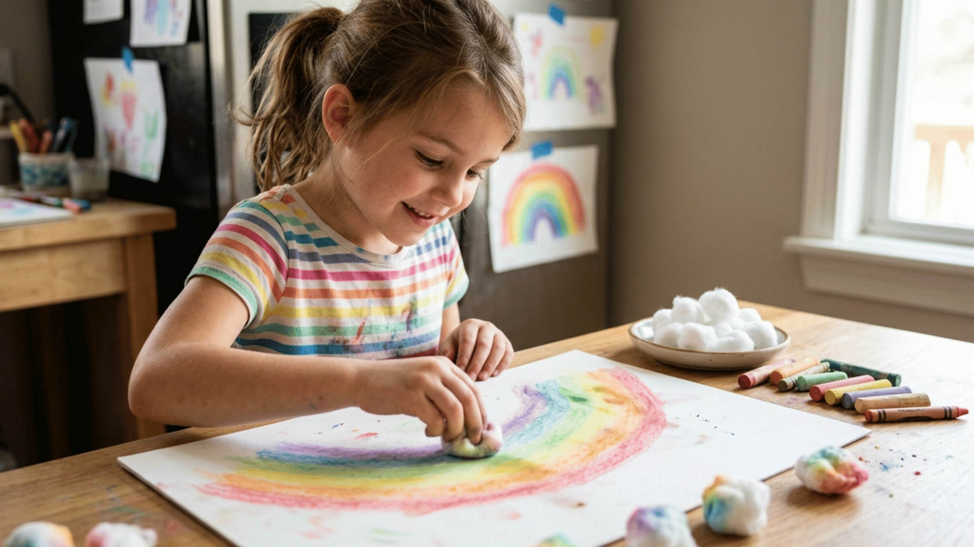 kid blending rainbow drawing with cotton on paper at home.