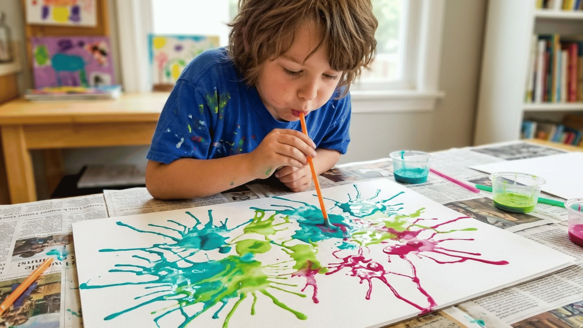 kid blowing paint with straw to create colorful abstract splatter art.