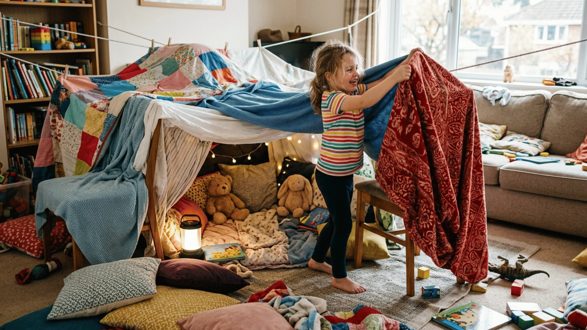 kid building a cozy pillow fort with blankets and cushions indoors.
