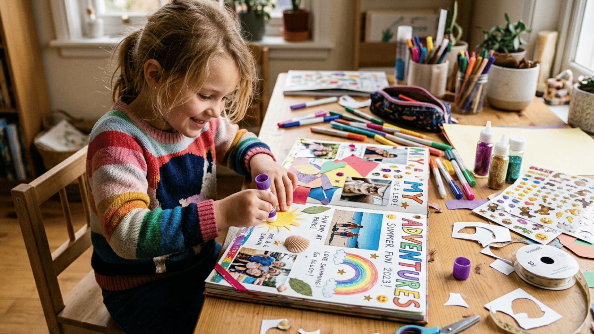 kid creating a scrapbook with photos, stickers, and decorations on a table.