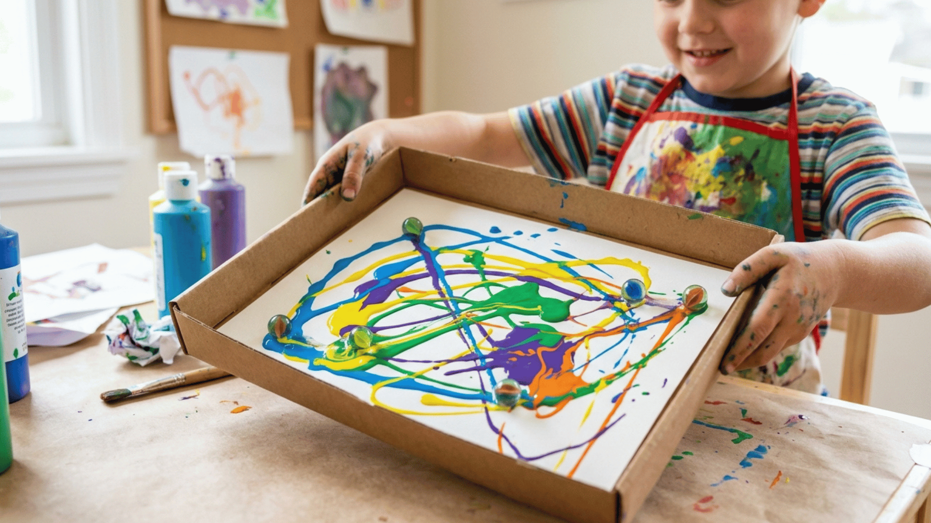 kid creating marble painting by rolling paint-covered marbles in a tray.
