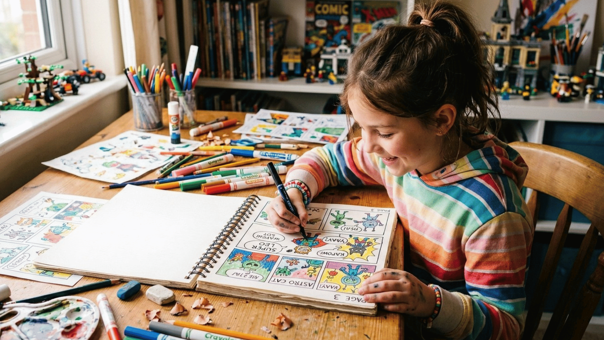 kid designing a comic book with drawings and colorful markers.
