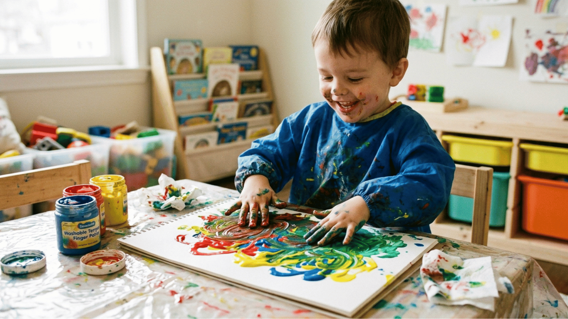 kid doing colorful finger painting on paper with hands and washable paint.