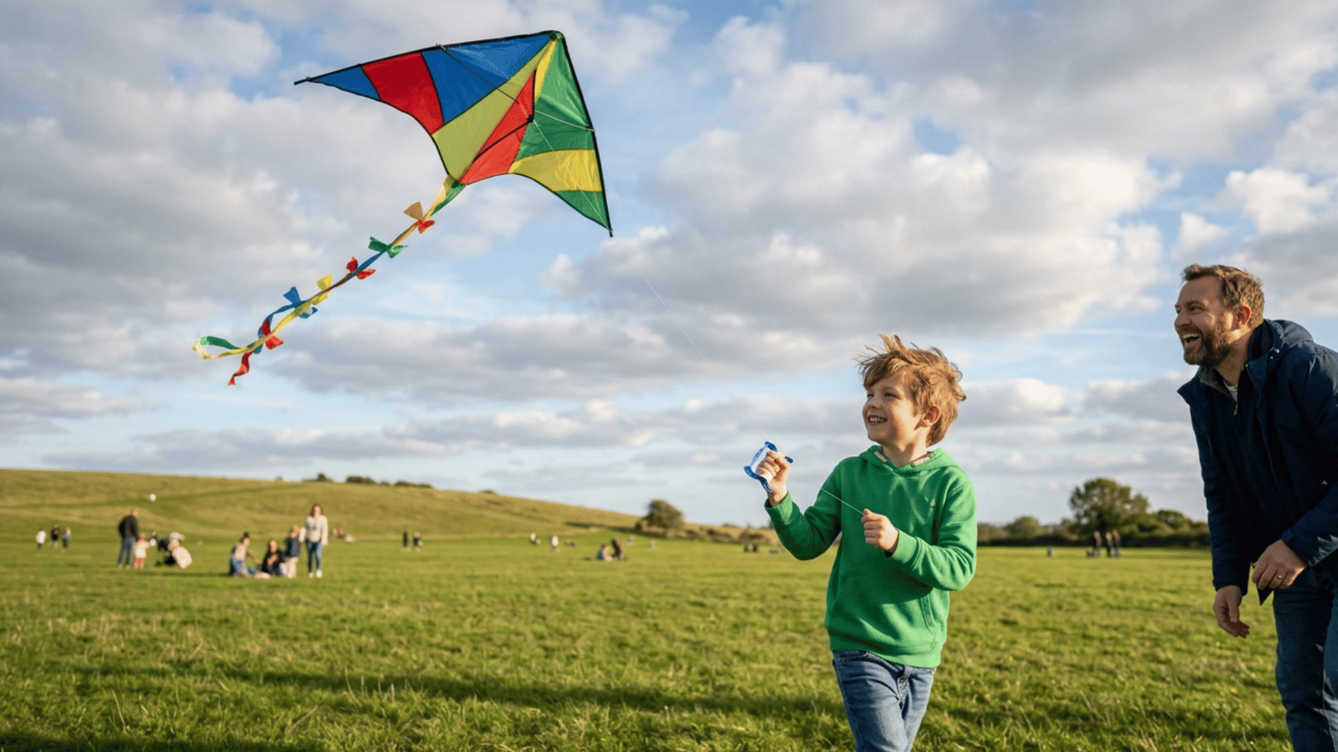 kid flying a colorful kite in an open field with an adult.