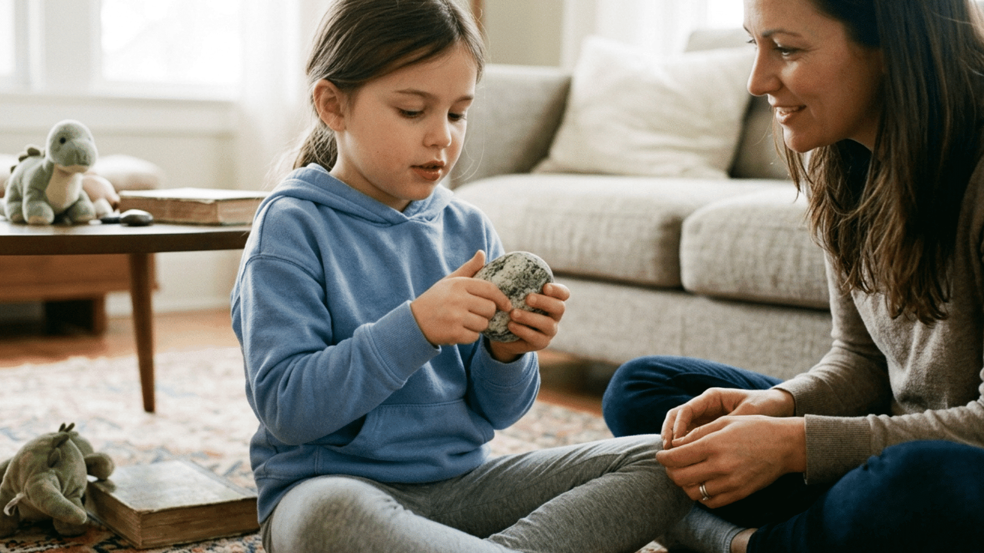 kid holding and describing an object for grounding exercise.