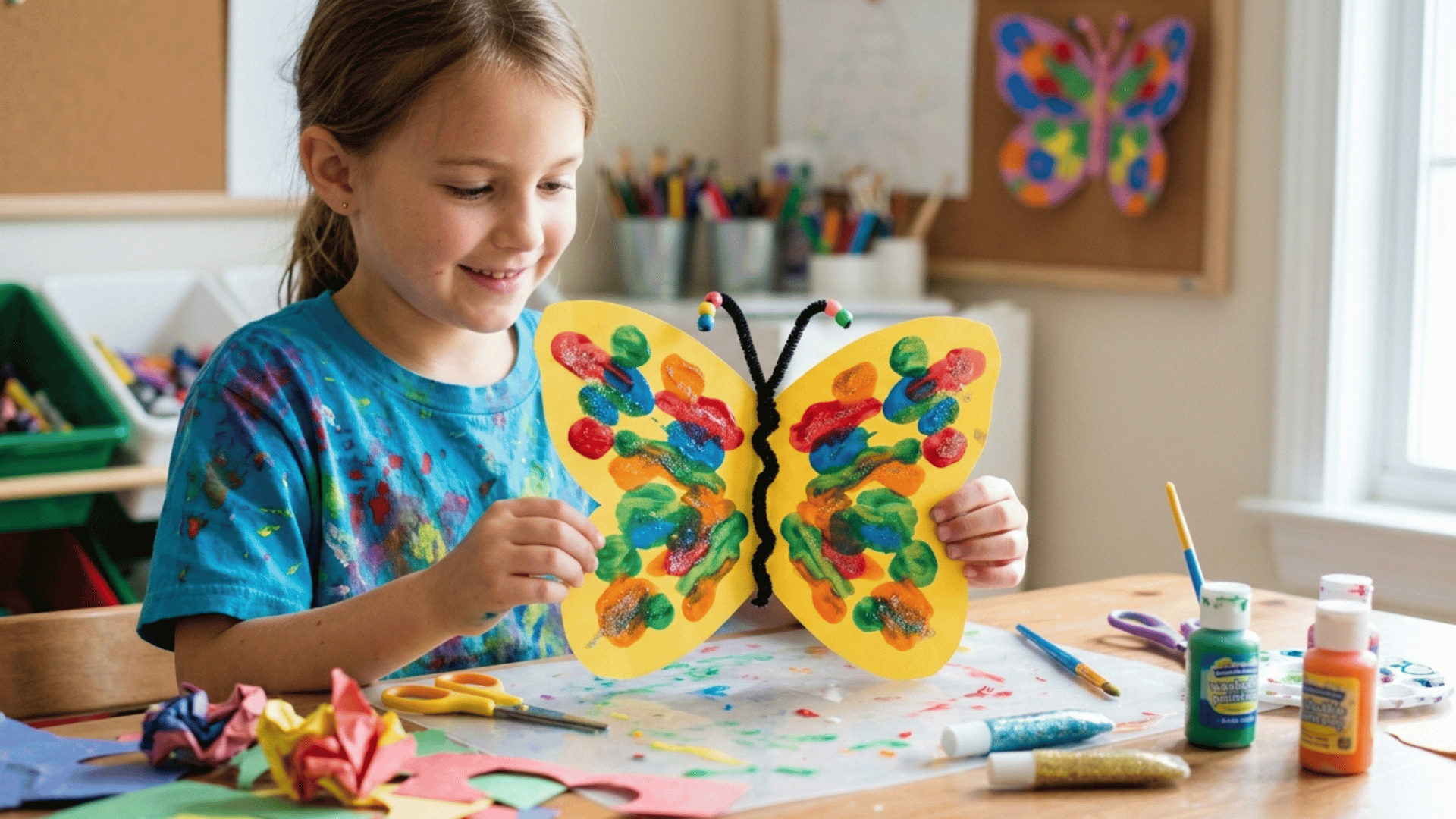kid holding handmade paper butterfly craft with bright painted patterns.